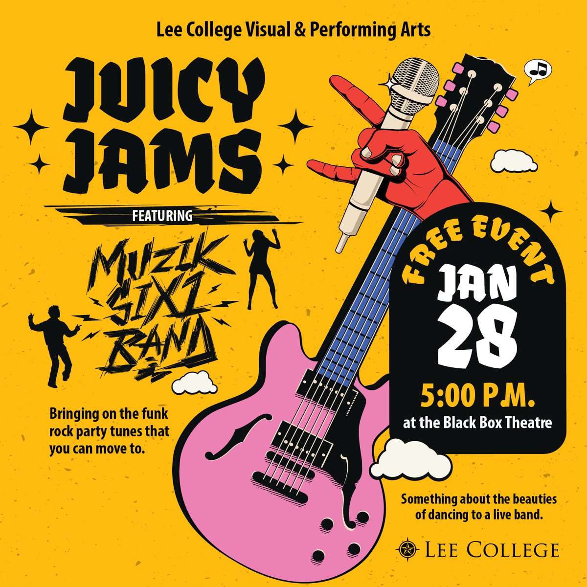 leecollege's tweet photo. 🎶 Get ready to groove! Join us this Sunday for Juicy Jams – a free show featuring the incredible Muzik Sixz Band. 🎤🕺 Let the music move you and the good vibes flow. Don't miss out on this unforgettable musical experience! 🎉 #JuicyJams #MuzikSixzBand #LiveMusicSunday https://t.co/R4YWzSpH8w