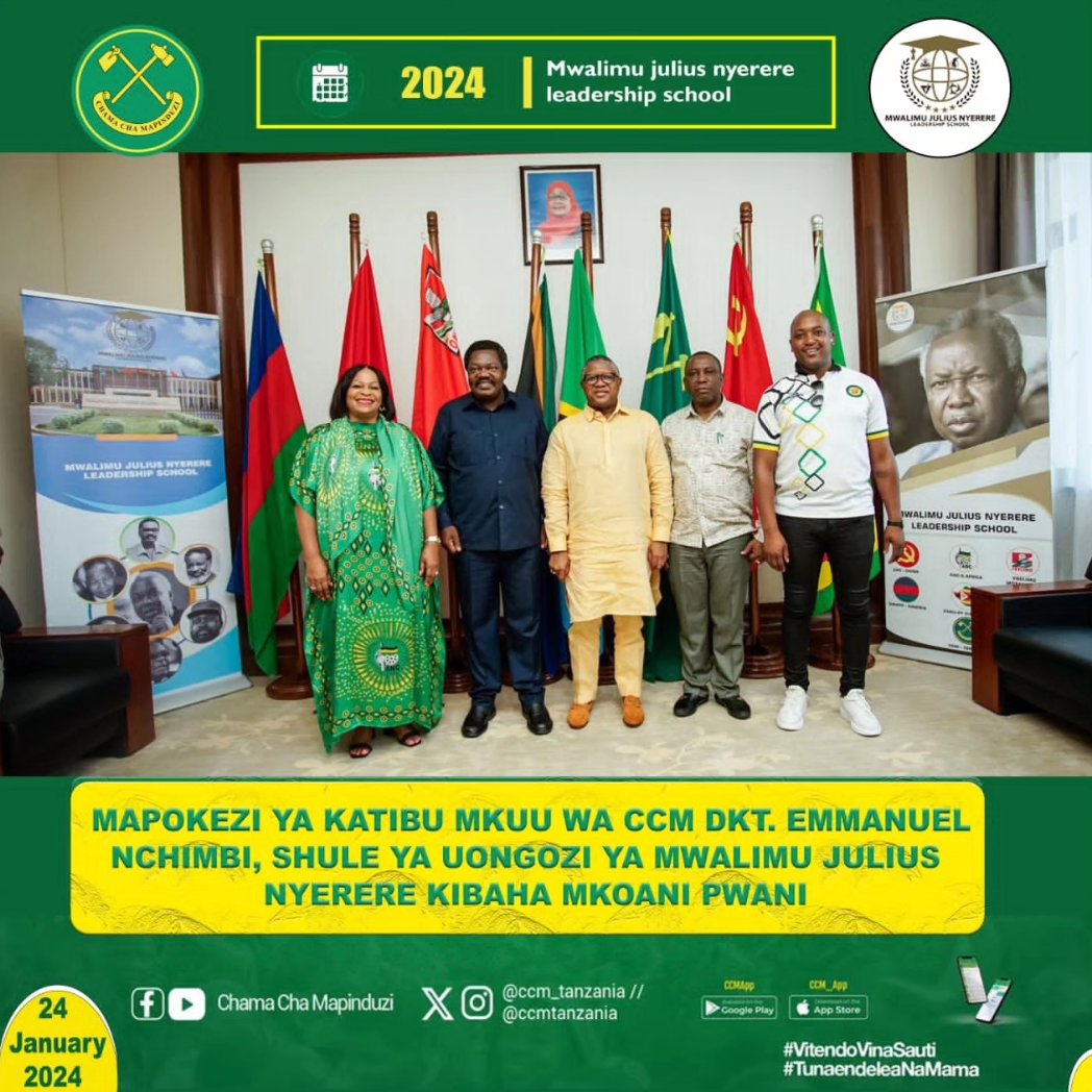 ccm_tanzania's tweet photo. MAPOKEZI

Katibu Mkuu wa CCM Dkt.Emmanuel Nchimbi amepokelewa na wana CCM pamoja wananchi waliojitokeza kumlaki mara baada ya kuwasili kwenye Shule ya Uongozi ya Mwalimu Julius Nyerere iliyopo Kibaha Mkoani Pwani Januari 24, 2024. @FRELIMO_ @OfficialZanupf #SWAPOparty @MYANC @MPLAoficial