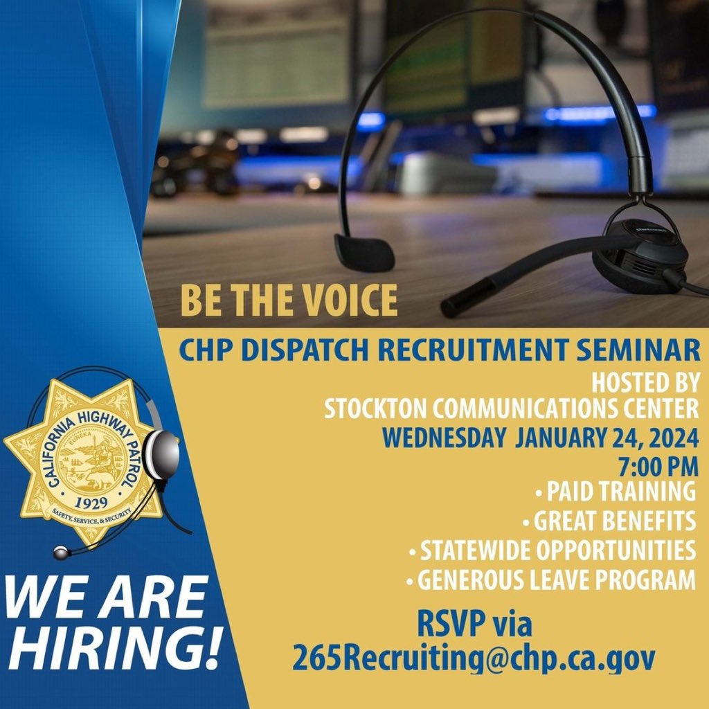 Join us at the Dispatch Recruiting Seminar hosted by CHP Stockton Area. Get all the info you need to embark on this fulfilling career!

📅 Save the Date: 24th Jan 2024
⏰ Time: 7 PM - 8:30 PM

Open to all, this is your chance to learn, network, and harness a career.