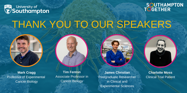 EventsUoS's tweet photo. Thank you to all of our speakers tonight Professor Mark Cragg, Dr Tim Fenton, Charlotte Moss and James Christian. It was a pleasure learning about how Southampton is leading the way in Cancer Immunology. @SotonAlumni #universityofsouthampton https://t.co/XN1yNnenpw