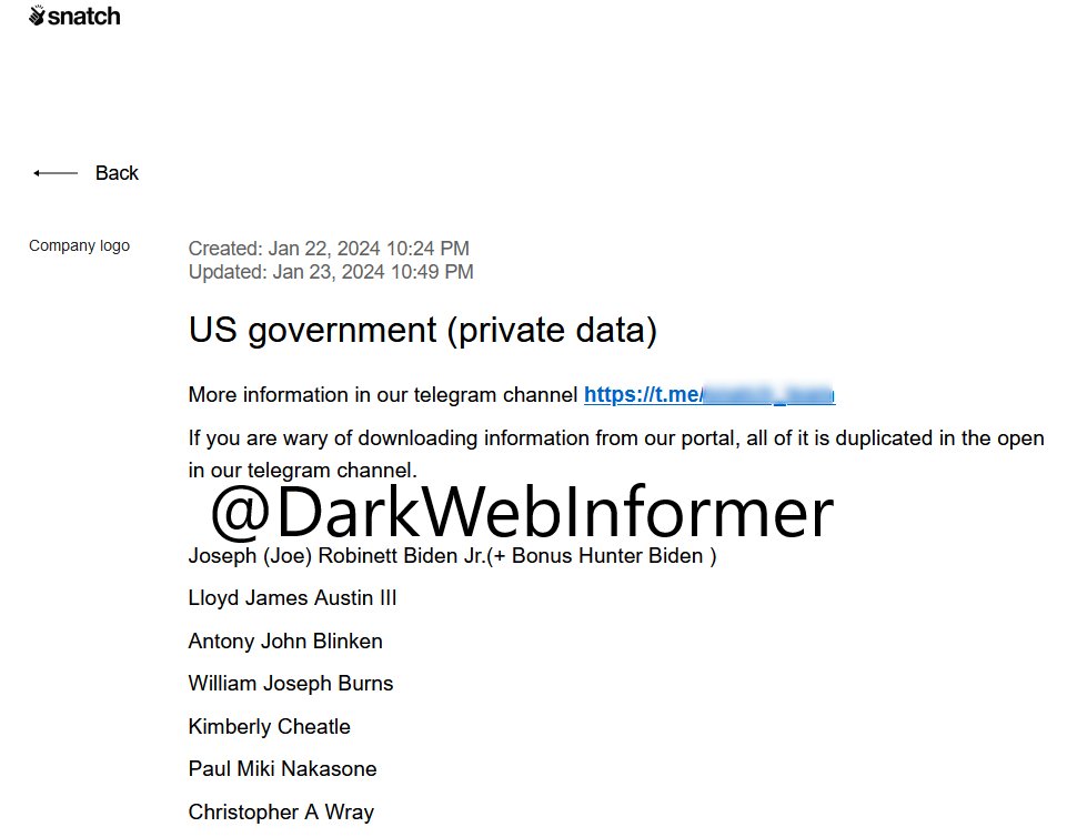 DarkWebInformer's tweet photo. 🚨ALERT🚨 Snatch Ransomware has claimed to have leaked private data from the US Government. Some data includes Joe Biden, Lloyd James Austin III, Antony Blinken, William Burns and more officials. #Ransomware #StopRansomware #DarkWeb #DarkWebInformer #Leaks #Leaked #Cyberattack #Cybercrime #Snatch