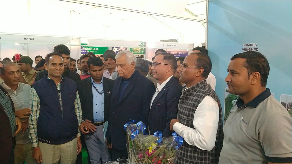 NimbusPipesLtd's tweet photo. Grateful for the honor! 
Our latest tech in irrigation &amp; water sector stole the spotlight at the 7th Farm Tech Asia Exhibition, SKNAU, Jobner. Honored to have H'ble Minister for Agriculture, Raj, @DrKirodilalBJP, explore our AI-based irrigation decision support system. https://t.co/NNQMlTta2d