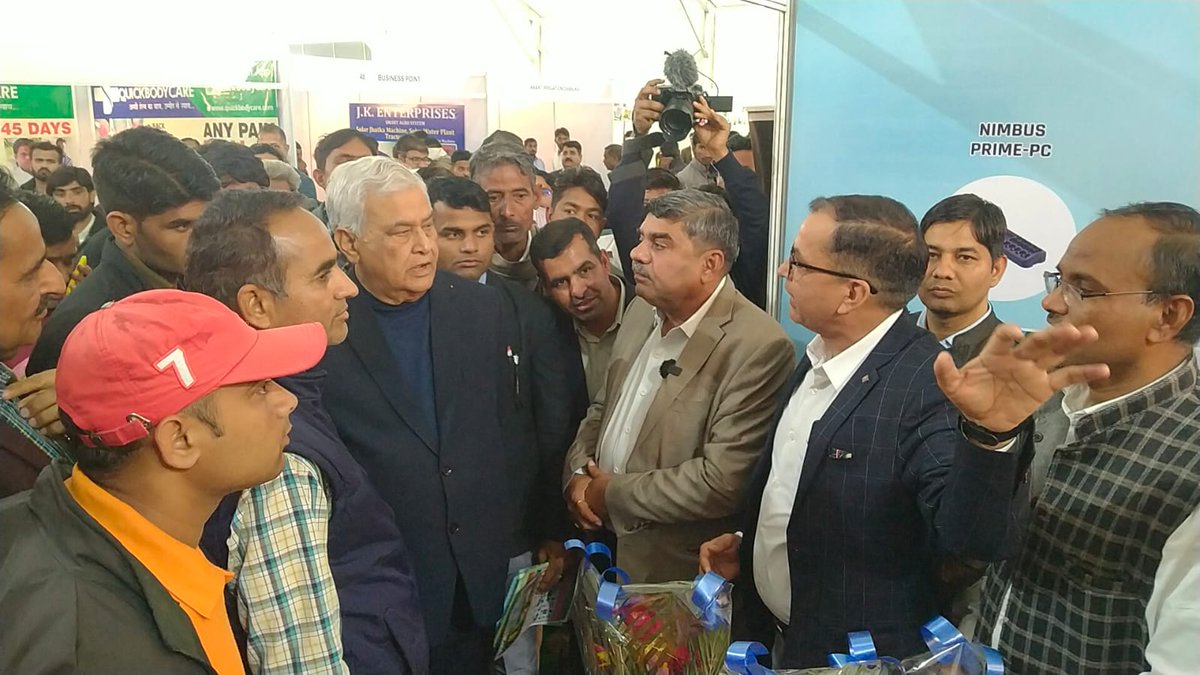 NimbusPipesLtd's tweet photo. Grateful for the honor! 
Our latest tech in irrigation &amp; water sector stole the spotlight at the 7th Farm Tech Asia Exhibition, SKNAU, Jobner. Honored to have H'ble Minister for Agriculture, Raj, @DrKirodilalBJP, explore our AI-based irrigation decision support system. https://t.co/NNQMlTta2d