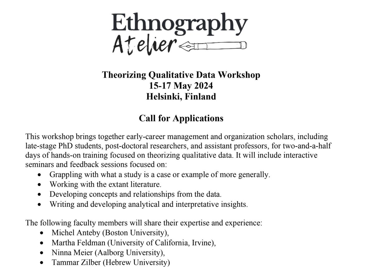 EthnoAt's tweet image. 📣Amazing Opportunity Alert! 🎉

Are you struggling with the #theorization of your #qualitativedata? Are you looking for expert advice? Join our #workshop on &quot;Theorizing Qualitative Data&quot; this May at @AaltoBIZ ✨

Read more and apply here (by March 8th): ethnographyatelier.org/meet-ups