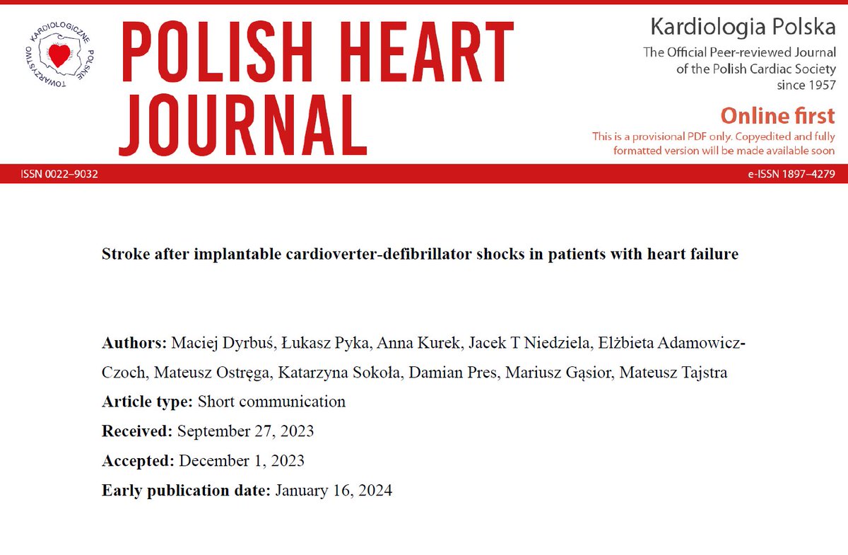 Editors' Insights: #Stroke after #ICD shocks in patients with #HeartFailure.

tiny.pl/cz7vb #PolishHeartJournal

#CardioTwitter #HeartNews #Cardiology #CardioEd @maciejdyrbus @L_Pyka @JacekTNiedziela @SumKatowice