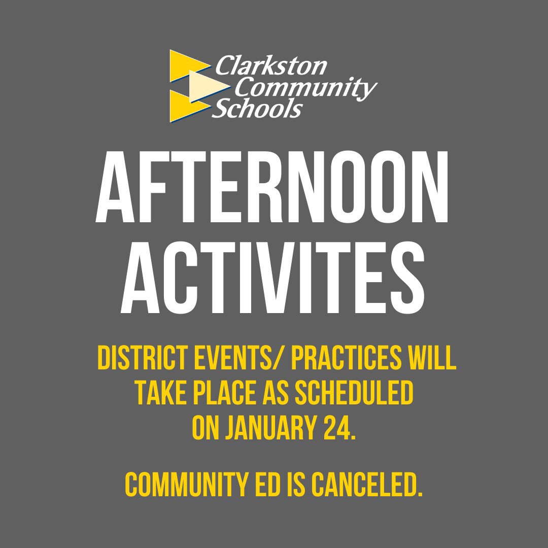 All afternoon/evening activities will proceed as scheduled today, Wednesday, January 24, with the following exceptions:

-All community education classes are canceled.

All practices and events are non-mandatory; students will not be penalized if they are unable to attend.