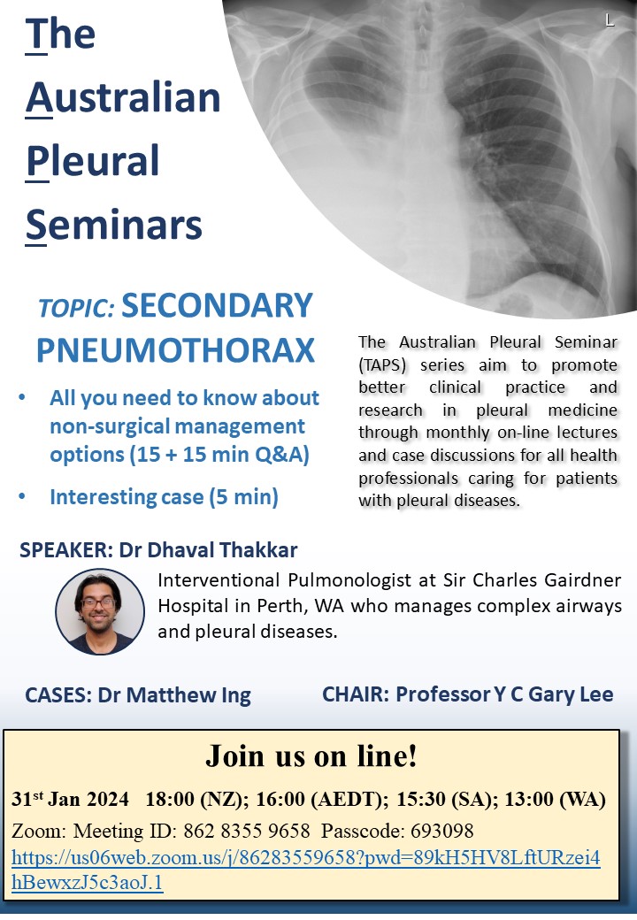 1st of monthly webinars of The Australasian Pleural Seminars (TAPS) is on 31/Jan 4pm AEST. Our effort to promote pleural care + research with succinct (15 min) talks &amp; discussions.  This month Dr Thakkar will talk on 'Secondary Pneumothorax'. Join us! <a href="/PleuralPOCUS/">Alejandro</a> <a href="/pocus_today/">pocus.sg</a>