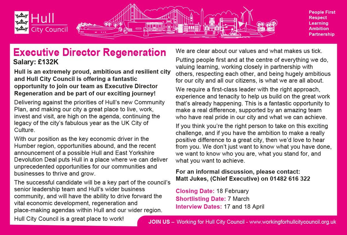 Hull City Council is looking to recruit an Executive Director of Regeneration to be part of our exciting journey. 

Find out more and apply here ⤵️ 
hullcc.gov.uk/jobs/director-…