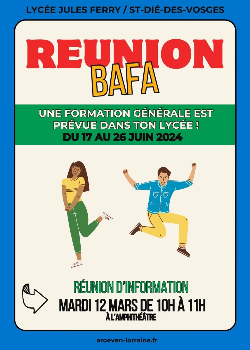 Réunion BAFA le mardi 12 mars à 10h à l'amphithéâtre pour la formation BAFA Lycéens. <a href="/acnancymetz/">Académie de Nancy-Metz</a> <a href="/RLaganier/">Richard Laganier</a> <a href="/AroevenNancy/">Simon ROMANO</a> @LesAroeven @davlcnancymetz <a href="/patriciabraun29/">Patricia Braun</a> <a href="/CarolineLux1/">Caroline Lux</a>