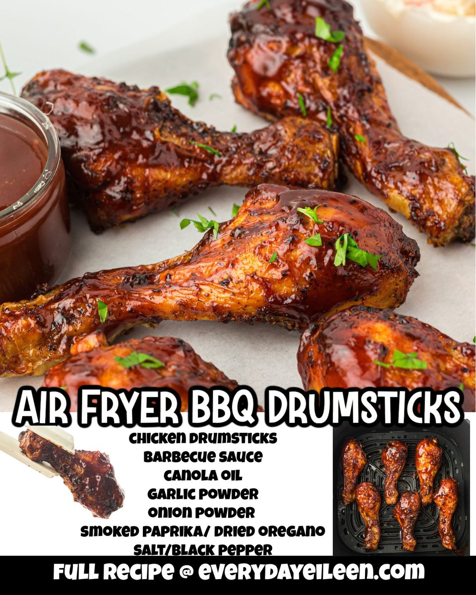 Air Fryer BBQ Chicken Legs, an easy recipe for delicious chicken drumsticks seasoned perfectly with a simple BBQ sauce. This recipe comes together quickly for tender and juicy drumsticks, every time. #airfryerbbqdrumsticks #airfryerchickenlegsbbq #recipe everydayeileen.com/air-fryer-bbq-…