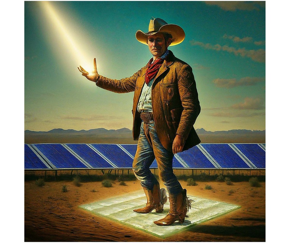 I asked Canva's AI image generator create a graphic for a Texas solar company with a cowboy, solar panels, and that Texas sunshine. It did not disappoint.