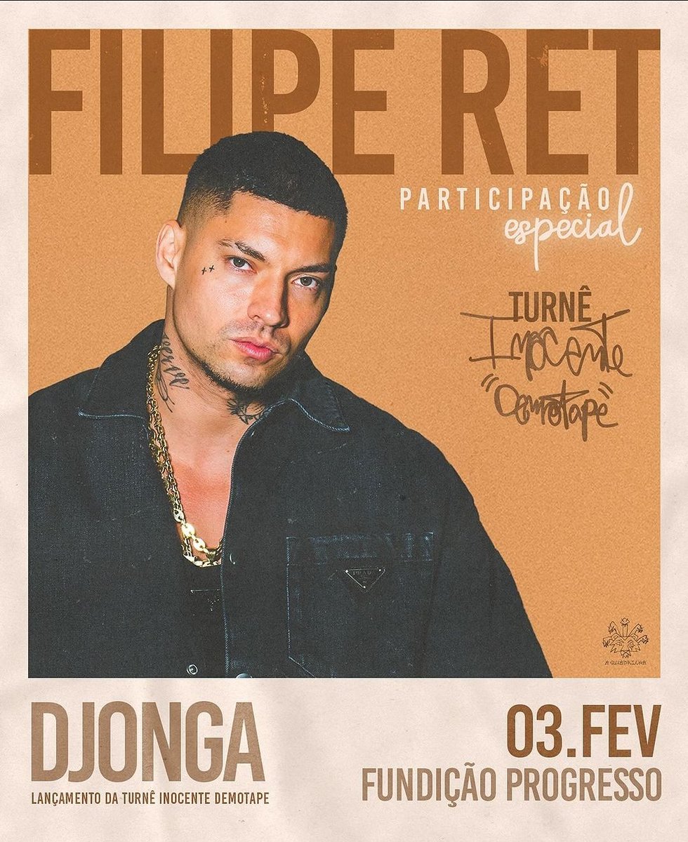 Filipe Ret irá participar da estréia do show 'Inocente Demotape' do Djonga. 🚀

Dia 03 de Fevereiro, na Fundição Progresso (RJ)