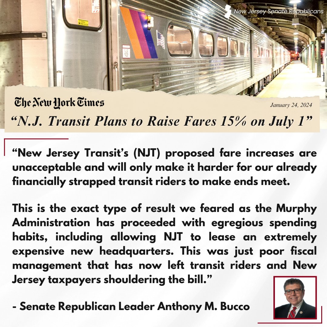 We knew that NJ Transit was facing a budget shortfall and Republicans have been sounding the alarms and offering solutions to address budget mismanagement issues like NJT, for some time now. Unfortunately, we have been ignored. ➡️Read my full statement: senatenj.com/CivicAlerts.as…