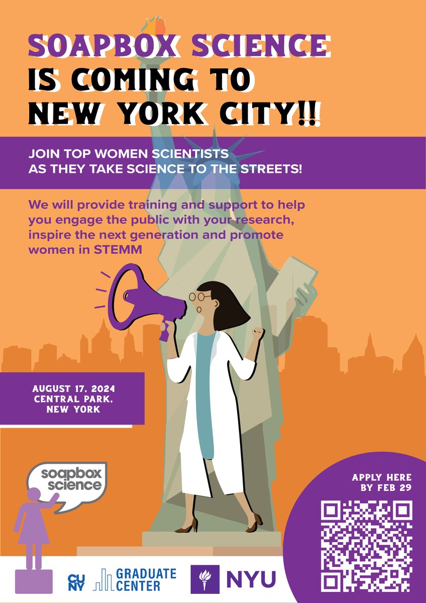 The call for speakers for Soapbox Science New York 2024 is now OPEN❗️ 🗓️ August 17 📍Central Park We’re looking for: 👩‍🎓👩‍🔬🧕 Women scientists 🎓PhD students & above Apply today 🔗 soapboxscience.org/apply-to-speak… @SoapboxScience @nyuniversity @NYUScience @nyuwomeninstem @GC_CUNY