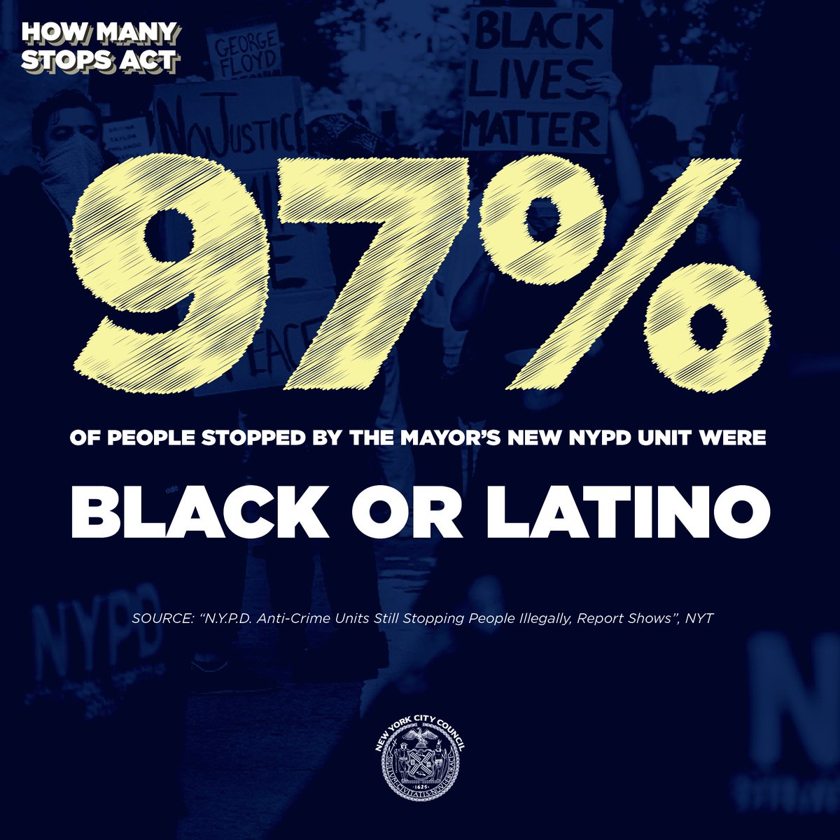 We have to be honest about reality: one in four stops made by the mayor’s newly reconstituted police unit were found to be unconstitutional by the federal monitor. 97% of these stops were of Black and Latino NYers, despite they make up less than half of NYC’s population.