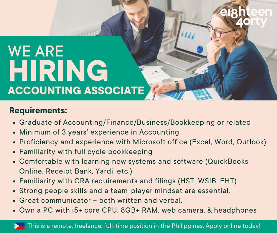 1840andCompany's tweet image. We are hiring an Accounting Associate based in the Philippines. If you have experience handling full-cycle bookkeeping apply here 👉 bit.ly/3tRB9Gw 

#AccountingAssociate #Remotework #Freelancing #Philippines