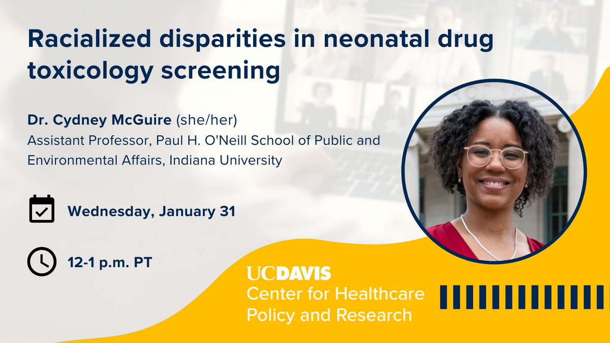 UC Davis Center for Healthcare Policy and Research (@ucd_chpr) on Twitter photo Our Seminar Series proudly welcomes <a href="/IUONeill/">O'Neill School of Public and Environmental Affairs</a>'s <a href="/cydneymcg_/">Cydney McGuire</a> on January 31 for a talk on neonatal drug screening across racial groups. She will discuss whether testing rates are equitable and if there is an equity-efficiency tradeoff.
Register to join us: ucdavis.co1.qualtrics.com/jfe/form/SV_cO… Our Seminar Series proudly welcomes <a href="/IUONeill/">O'Neill School of Public and Environmental Affairs</a>'s <a href="/cydneymcg_/">Cydney McGuire</a> on January 31 for a talk on neonatal drug screening across racial groups. She will discuss whether testing rates are equitable and if there is an equity-efficiency tradeoff.
Register to join us: ucdavis.co1.qualtrics.com/jfe/form/SV_cO…