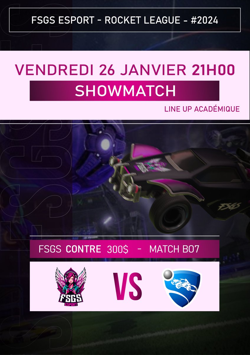 FSGSEsport's tweet photo. Showmatch de l'équipe Rocket League. 🚀

Retrouvez-nous ce vendredi 26 janvier à 21h pour nous voir affronter l'équipe de la "300$ ou rien" dans un showmatch à titre compliqué

🔵https://t.co/3RiyZDKJUg
🟠#300$OuRien
📸https://t.co/zA2NVdl3b5 https://t.co/P76Peu14bk