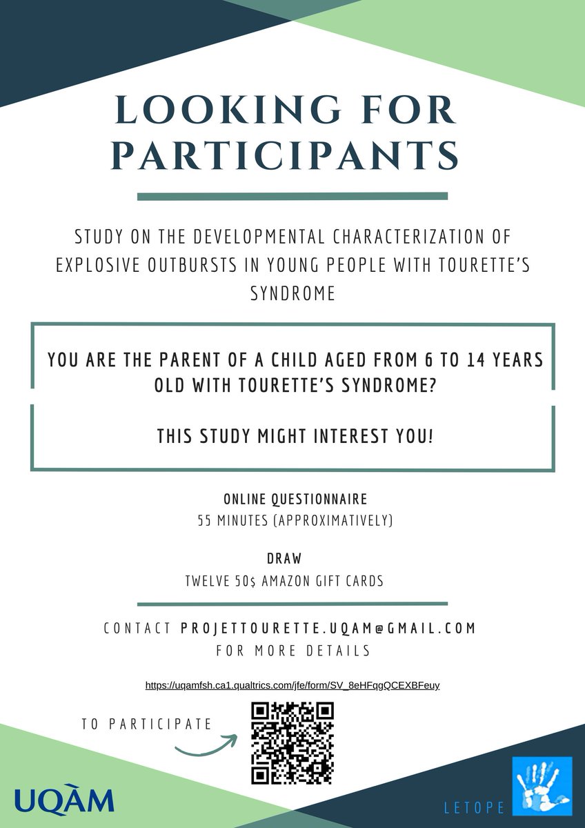 📣Fellow Tourette syndrome researchers📣 My colleagues and I are launching a new online study on explosive outbursts/rage attacks in youths with Tourette syndrome! Looking for parents of children aged 6-14. Please share! uqamfsh.ca1.qualtrics.com/jfe/form/SV_8e… projettourette.uqam@gmail.com