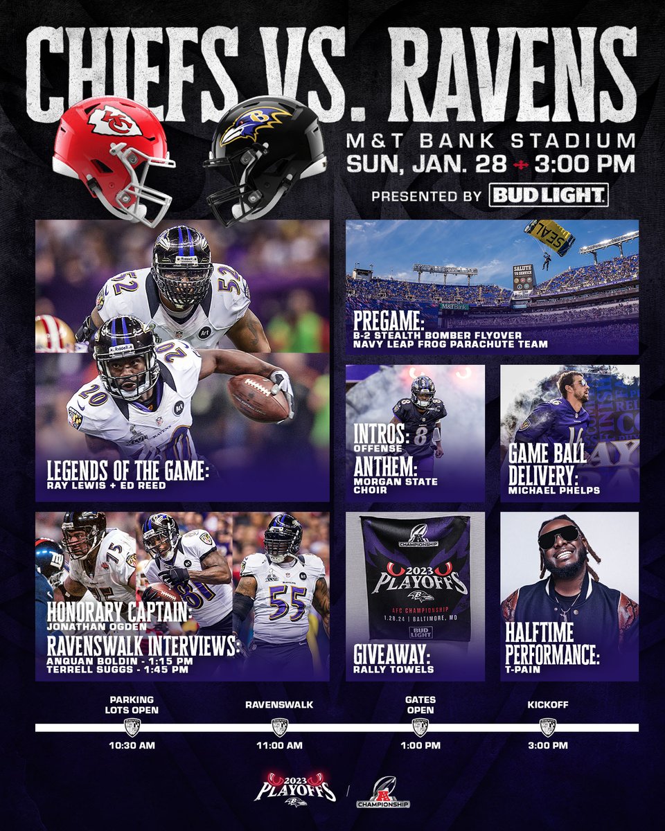 Ravens's tweet image. .@TPAIN, @MichaelPhelps, @raylewis, @TwentyER AND @jonathanogden75 ?????

Get to your seats by 2:30❗