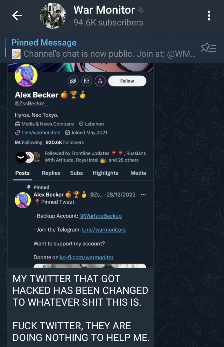 Gentilenewsnet's tweet photo. 🚨‼️🔥BREAKING: War Monitor has been HACKED, his name changed and X support will not help him retrieve his account.
He was at almost 1M followers. Please help spread awareness. He is using @WarfareBackup now.
#FreeWarMonitor https://t.co/XdFwltfjod