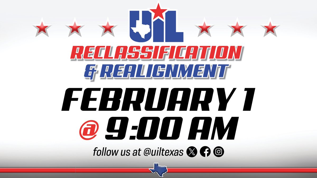 Check back here one week from today for the release of the new 2024-2026 district alignments! The full alignments will be shared to UIL X, Facebook & Instagram channels (handle @uiltexas) as well as the UIL website at 9 AM.