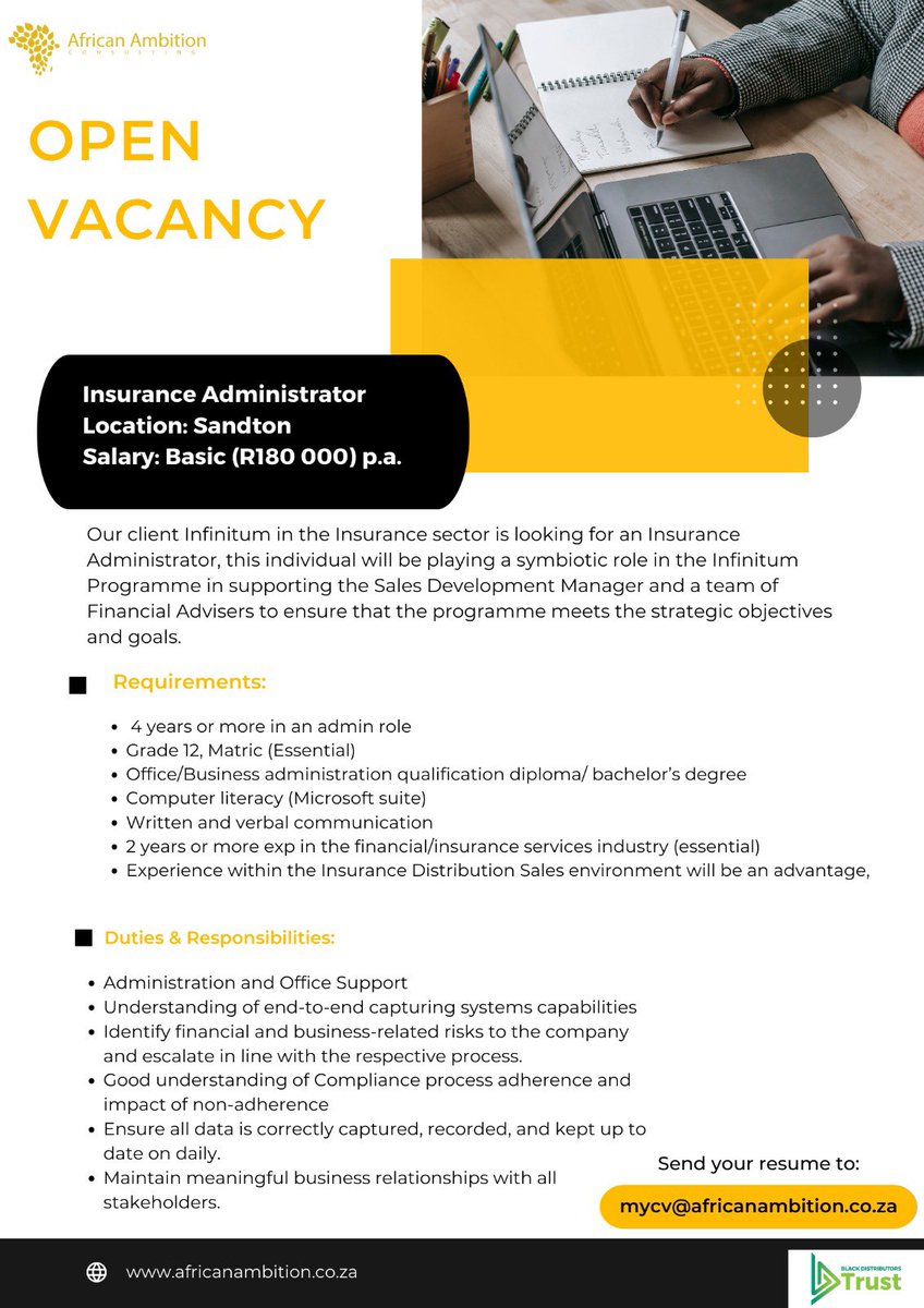 We are looking for a Multi Talented insurance Admin and Operations Coordinator, to join an amazing programme with an with opportunity to grow. 

Send CV to mycv@africanambition.co.za

#jobs #vacancy #opportunities #financialadvisors #adminjobs #jobseekers