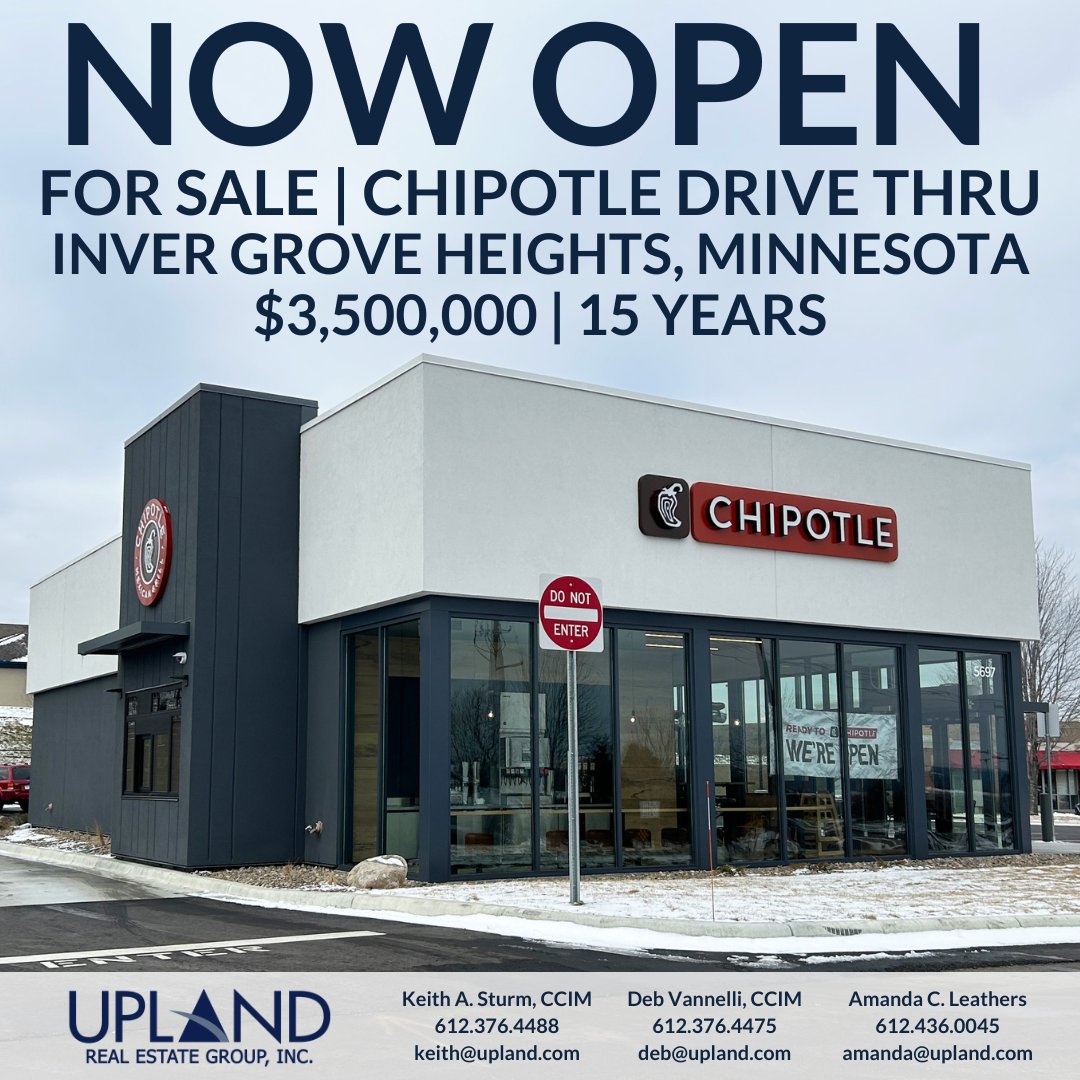 For Sale – Recently opened Chipotle Drive Thru in Inver Grove Heights, Minnesota! Corporate long term lease investment property with 10% rental increases every 5 years.

Please contact Deb Vannelli for more information.