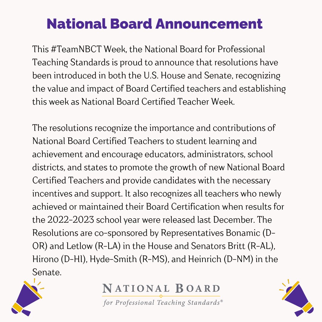 This #TeamNBCT Week, we are proud to announce that resolutions have been introduced in both the U.S. House and Senate, recognizing the value and impact of Board Certified teachers and establishing this week as National Board Certified Teacher Week. hubs.ly/Q02hCL7c0