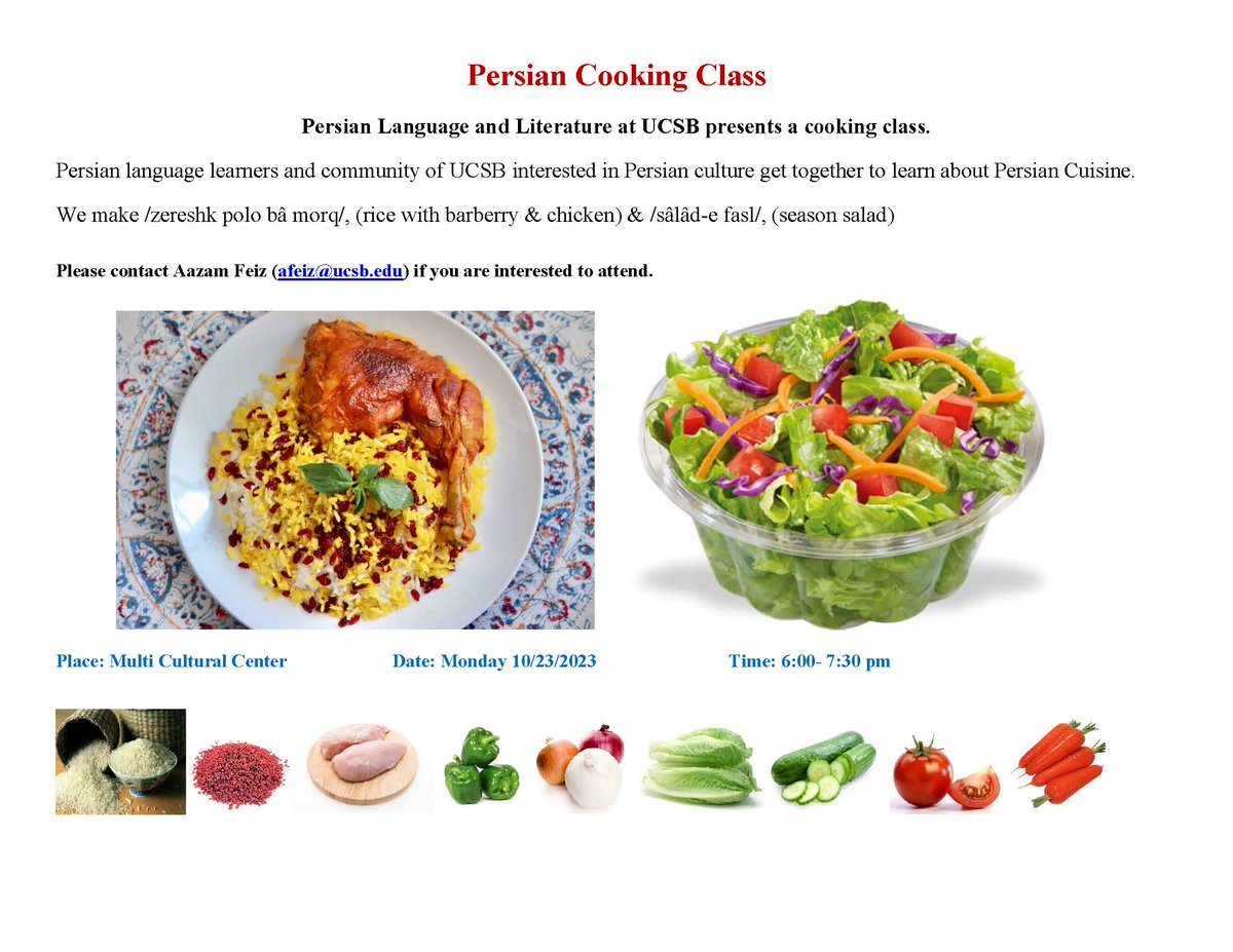 PersianUCSB's tweet photo. Persian Cooking Class

Join us to cook an Iranian meal and learn about Persian cuisine. 

Date: Monday 10/23/2023
Time: 6:00-7:30
Place: UCSB Multi-Cultural Center https://t.co/0CKmuQFd62