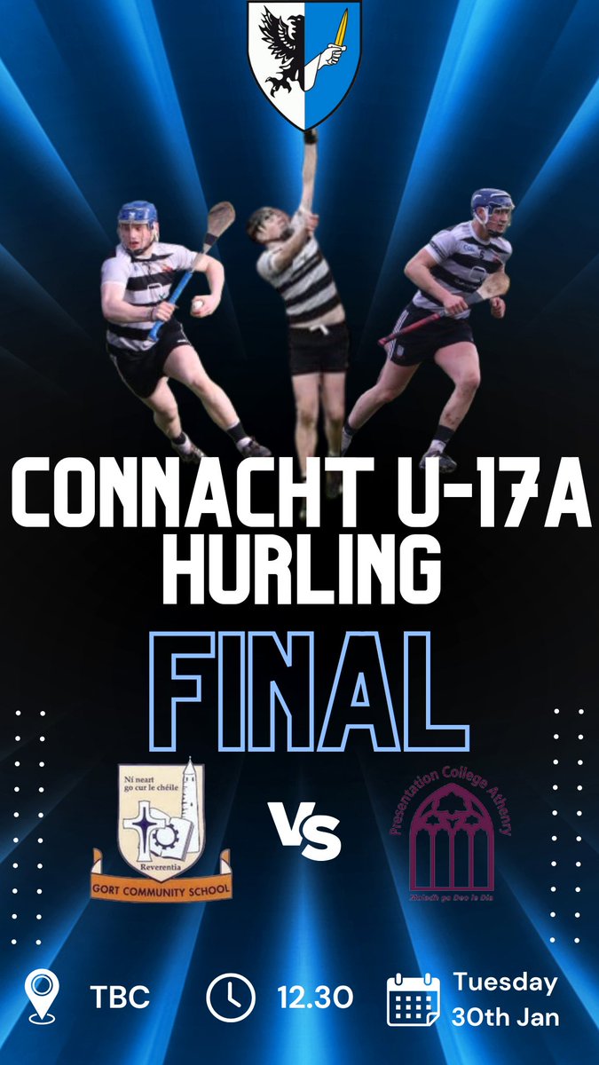 Our U17 hurlers take on @PresAthenry in the @ConnachtGAA U17 A Colleges Hurling Final on Tuesday 30th January at 12.30pm - Venue TBC. All support for the lads will be greatly appreciated. #GCSabú @CoachingGalway