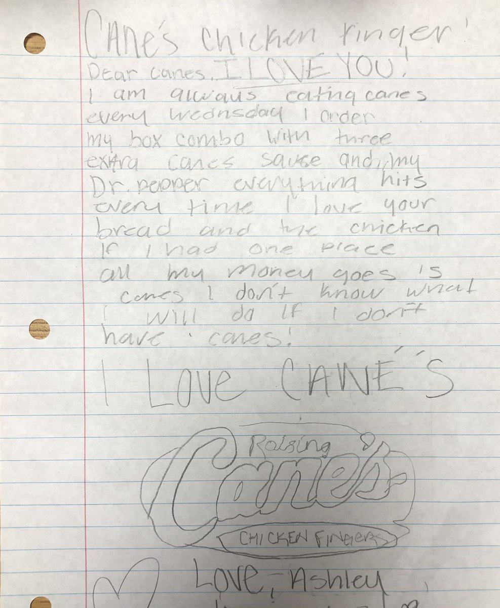Tara_Lamb's tweet photo. @raisingcanes Had my class write letters today to whoever they wanted… two chose you as their most important receiver… #freecanesforstudents https://t.co/yRt4p7SYme