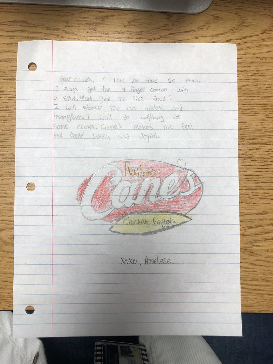 Tara_Lamb's tweet photo. @raisingcanes Had my class write letters today to whoever they wanted… two chose you as their most important receiver… #freecanesforstudents https://t.co/yRt4p7SYme