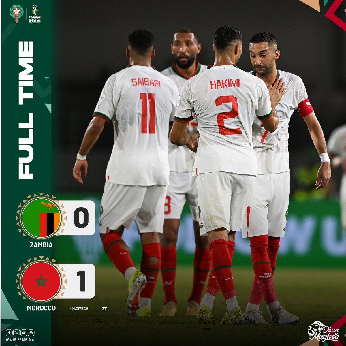 EnMaroc's tweet photo. نهاية المقابلة بفوز منتخبنا الوطني أمام منتخب زامبيا و تأهله لدور الـ16 من نهائيات كأس أمم إفريقيا كوت ديفوار 2023

🏁Full time !! 🇿🇲0-1🇲🇦 
Congratulations to our National Team on their victory against Zambia & 𝐭𝐡𝐞 𝐪𝐮𝐚𝐥𝐢𝐟𝐢𝐜𝐚𝐭𝐢𝐨𝐧 𝐭𝐨 𝐭𝐡𝐞 𝟏𝟔𝐭𝐡 𝐑𝐨𝐮𝐧𝐝 𝐢𝐧 𝐭𝐡𝐞 𝐓𝐨𝐭𝐚𝐥𝐄𝐧𝐞𝐫𝐠𝐢𝐞𝐬 𝐂𝐀𝐅 𝐀𝐟𝐫𝐢𝐜𝐚 𝐂𝐮𝐩 𝐨𝐟 𝐍𝐚𝐭𝐢𝐨𝐧𝐬, 𝐂𝐨𝐭𝐞 𝐝'𝐈𝐯𝐨𝐢𝐫𝐞 𝟐𝟎𝟐𝟑 💪🏻

#DimaMaghrib #TotalEnergiesAFCON2023