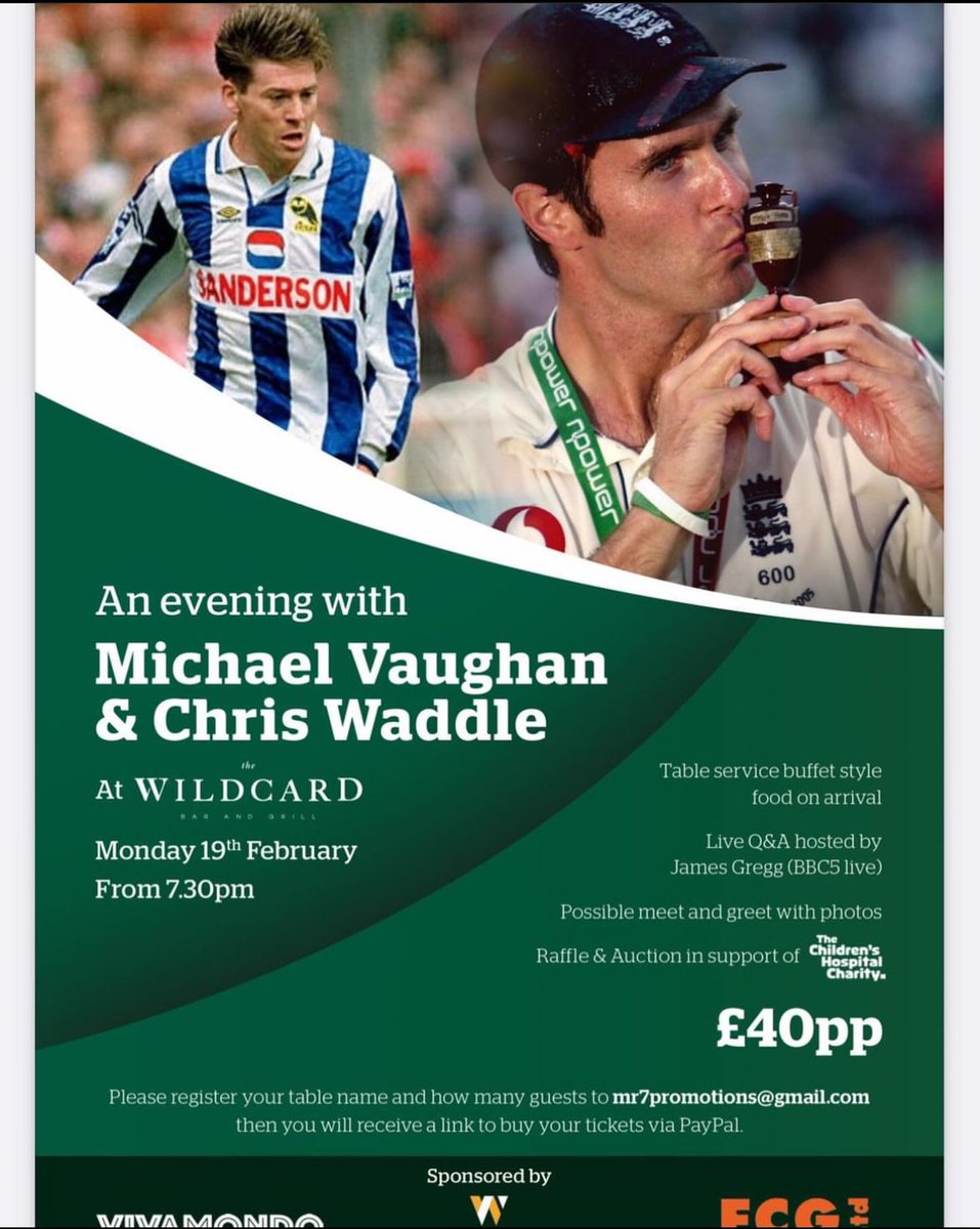 Really really looking forward to this. 

Two legends of their game, and two great blokes, spending the evening at the best bar in Sheffield <a href="/BarWildcard/">The Wildcard Bar and Grill</a> with some funds being raised for <a href="/SheffChildrens/">Sheffield Children's</a> 

Not many tickets left, so hurry 👇🏻 
<a href="/chriswaddle93/">Chris Waddle</a> 
<a href="/MichaelVaughan/">Michael Vaughan</a>