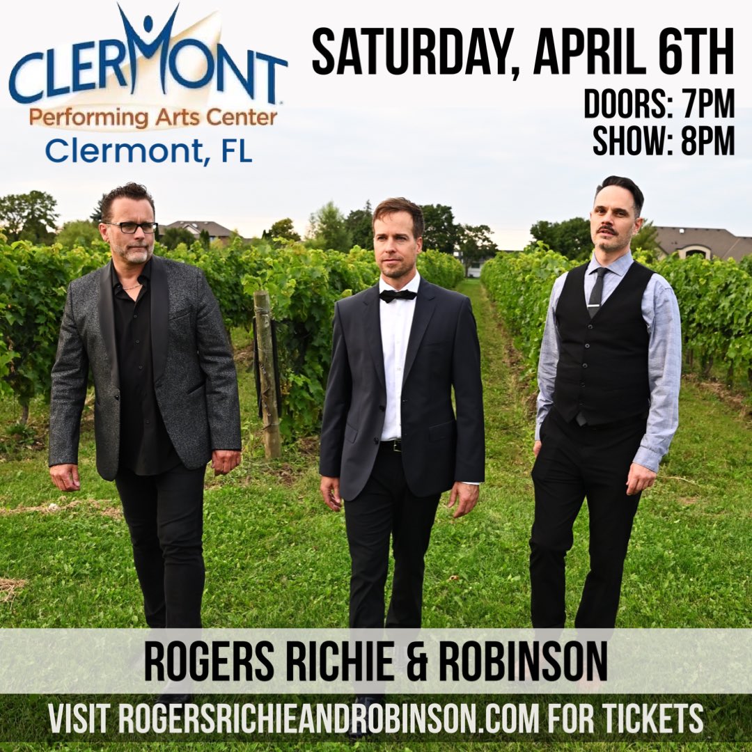 FLORIDA! You can hear us perform the songs of Kenny Loggins, Lionel Richie and Smokey Robinson on Saturday, April 6th at Clermont Performing Arts Center Center! Visit rogersrichieandrobinson.com/events for tickets. #florida #clermont #clermontperformingartscenter #rogersrichierobinson