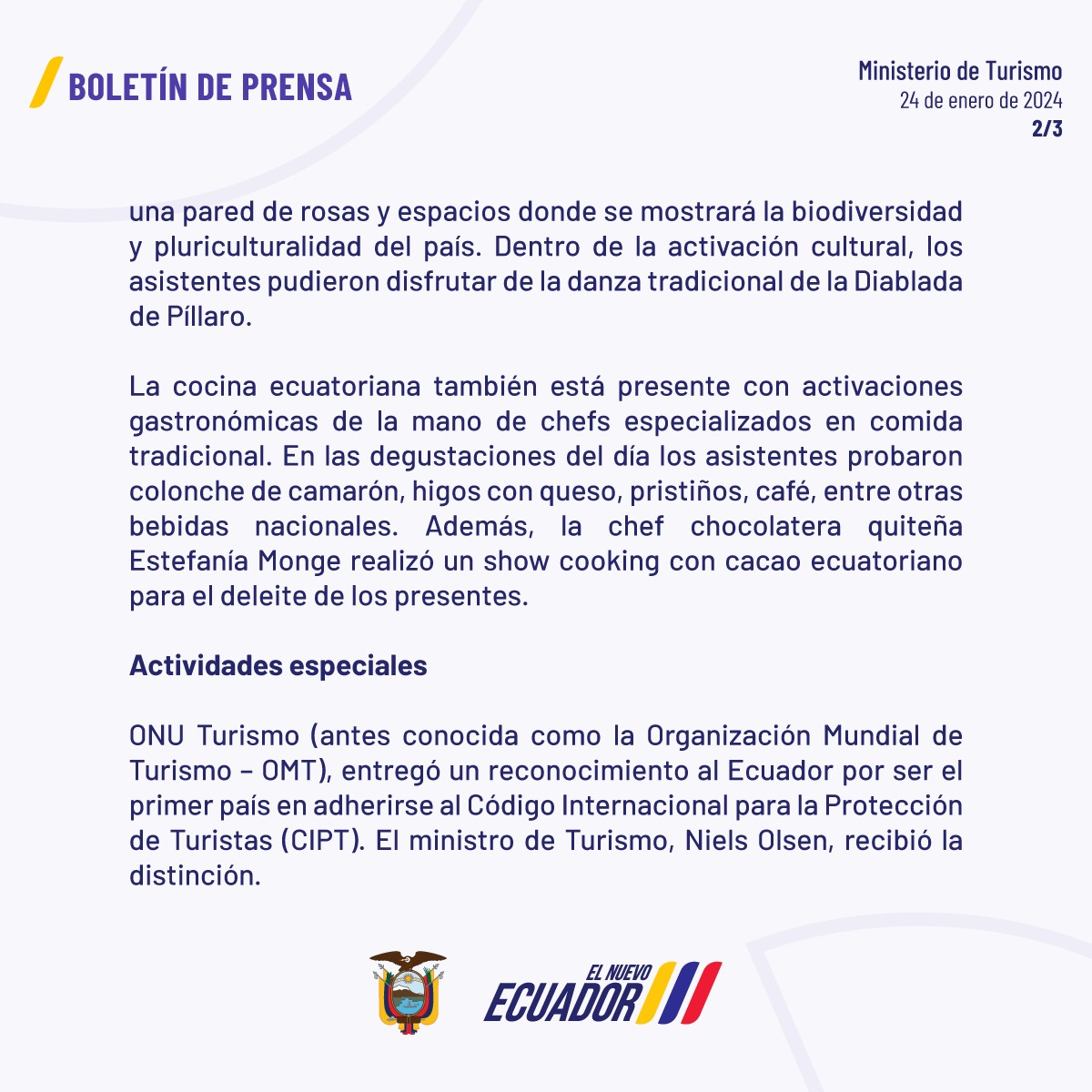 TurismoEc's tweet photo. #EstoEsEcuador | Nuestro país brilló en el primer día de #FITUR2024: Activaciones gastronómicas, culturales y reconocimientos internacionales fueron parte de la jornada.

#ElNuevoEcuador🇪🇨 https://t.co/FyziYPtqEX