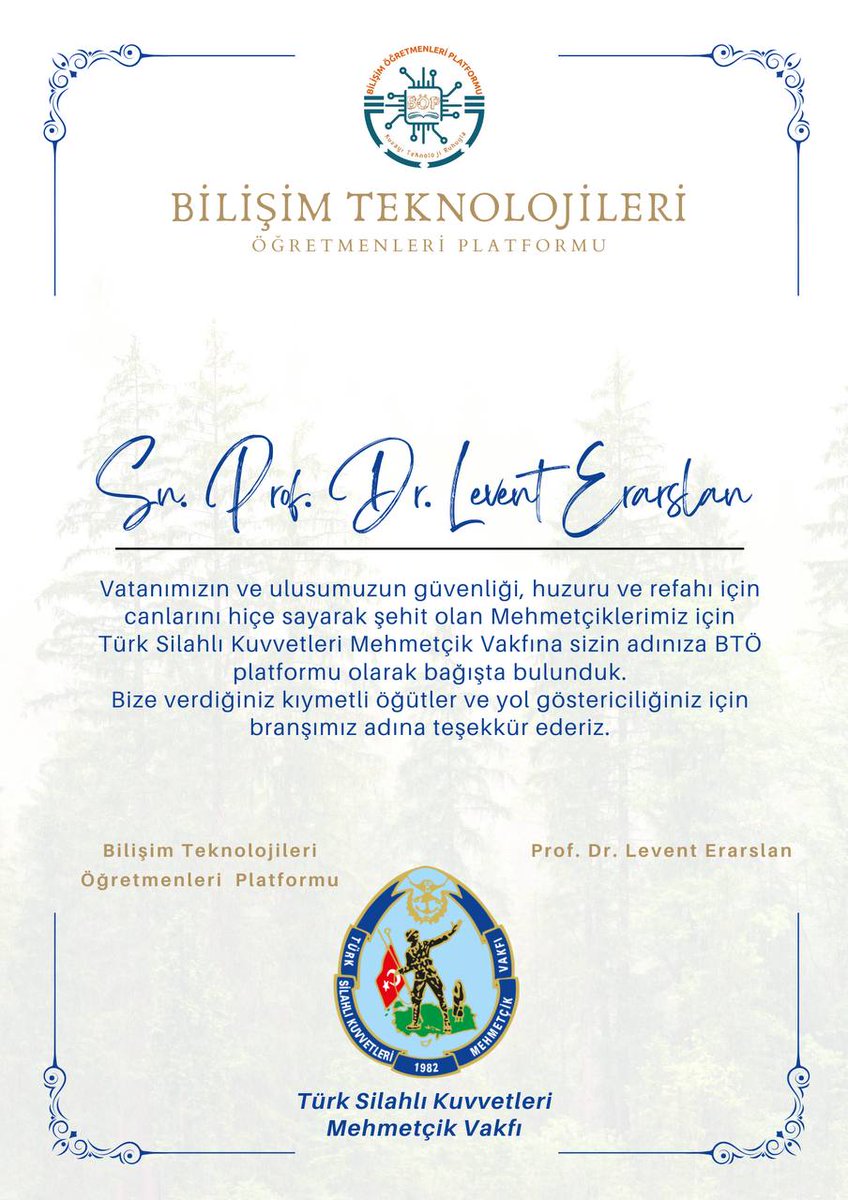 Bilişim Öğretmenleri (@btoplatformu) on Twitter photo Sn. Prof. <a href="/drleventeraslan/">Prof.Dr.Levent Eraslan</a>,
Bilişim Teknolojileri öğretmenleri olarak size minnettarız. Her daim sesimiz oldunuz. Farkındalığınız ve desteğiniz bize umut oldu.
Teşekkür etmek amacıyla sizin adınıza Türk Silahlı Kuvvetleri Mehmetçik Vakfına bağışta bulunduk.
Saygılarımızla. Sn. Prof. <a href="/drleventeraslan/">Prof.Dr.Levent Eraslan</a>,
Bilişim Teknolojileri öğretmenleri olarak size minnettarız. Her daim sesimiz oldunuz. Farkındalığınız ve desteğiniz bize umut oldu.
Teşekkür etmek amacıyla sizin adınıza Türk Silahlı Kuvvetleri Mehmetçik Vakfına bağışta bulunduk.
Saygılarımızla.