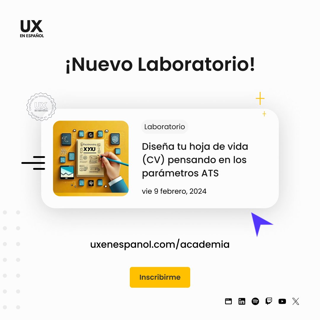 Tenemos un nuevo Laboratorio
uxenespanol.com/online/disena-…
¿Qué contiene este laboratorio?
Diagnóstico del estado actual de CV
Redactar logros profesionales según Google 
Método extraer palabras clave
Construcción de la arquitectura de la hoja de vida/CV 
Organización del LinkedIn