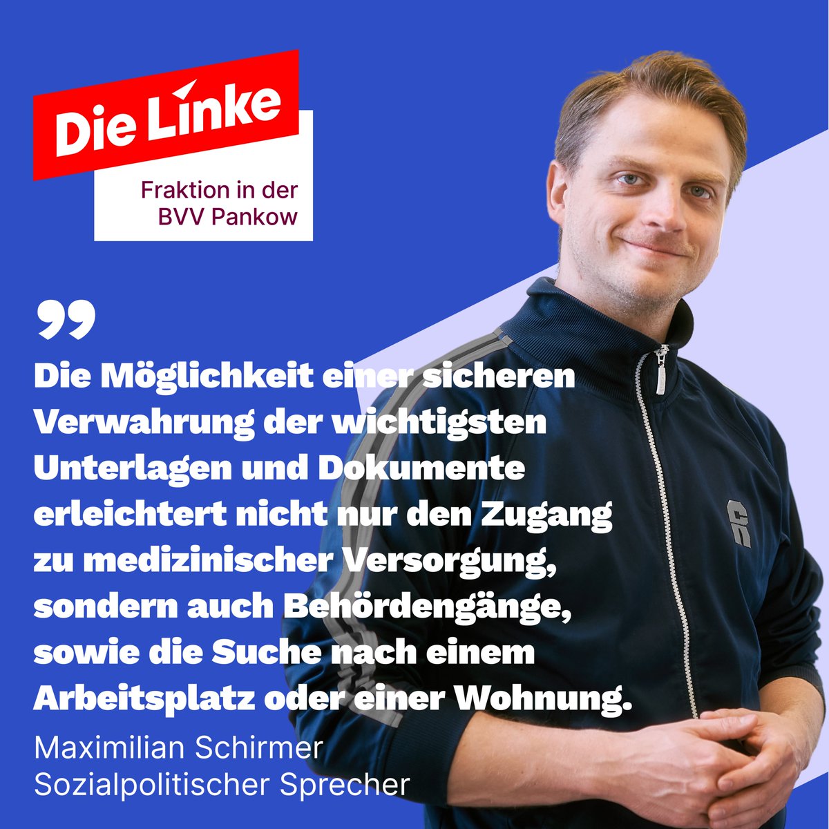 #Obdachlose sind häufig Opfer von Diebstahl ihrer wenigen Habseligkeiten &amp; Unterlagen o. verlieren sie durch Entsorgung. Eine sichere Verwahrungsmöglichkeit hilft bei der Überwindung v. Wohnungs- &amp; #Obdachlosigkeit. Unseren Antrag überwies die #BVVPankow in Ausschüsse Soz. &amp; Fin.