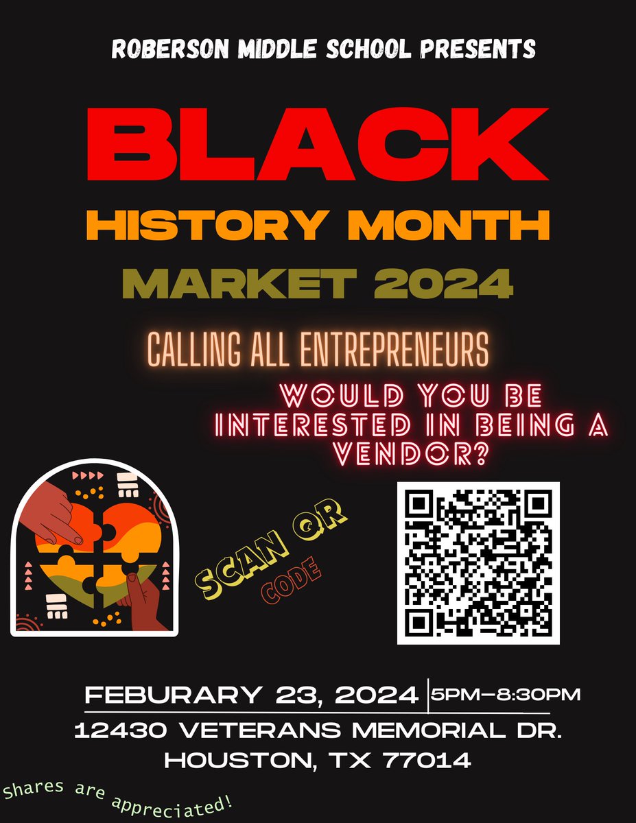 Entrepreneurs, we invite you to participate in The 2024 Black History Month Market at Roberson Middle School on Friday, February 23rd, from 5 pm to 8:30 pm. No vendor fee! 🚫💸 Sign up here: docs.google.com/forms/d/14Lfw-…