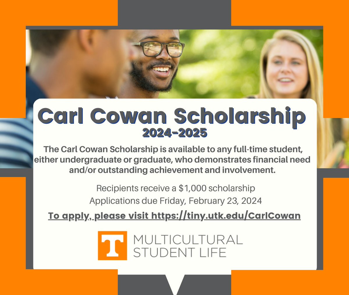 The 2024-2025 Carl Cowan Scholarship is open to any full-time student who demonstrates financial need and/or outstanding achievement and involvement.
Apply by Friday, February 23, 2024. tiny.utk.edu/CarlCowan