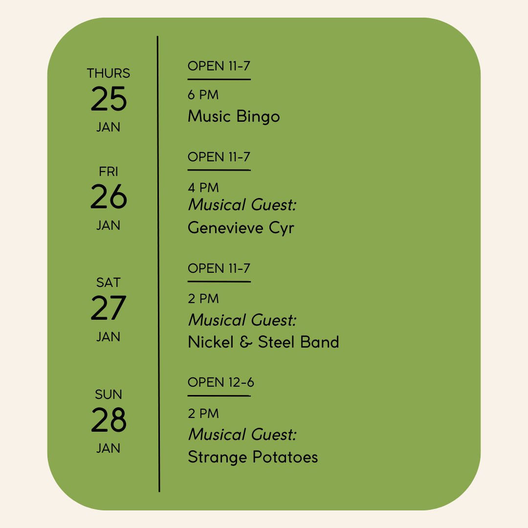 We're back with another amazing weekend at the Tap Room! Music Bingo presented by Steinhart Productions is back on Thursday. Then join us for an amazing performance by Genevieve Cyr on Friday, Nickel &amp; Steel Bang on Saturday and Strange Potatoes on Sunday! 🍻 #SideLaunch