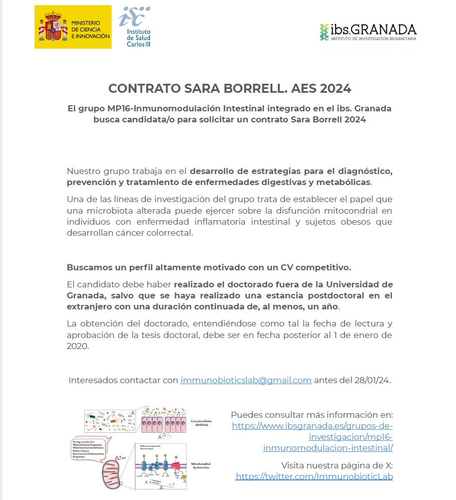 Buscamos Candidat@ Sara Borrell📣
Interesado/a contactar con immunobioticslab@gmail.com  
<a href="/CanalUGR/">Universidad Granada</a> <a href="/ibsGRANADA/">ibs.GRANADA</a> #SaraBorrell
