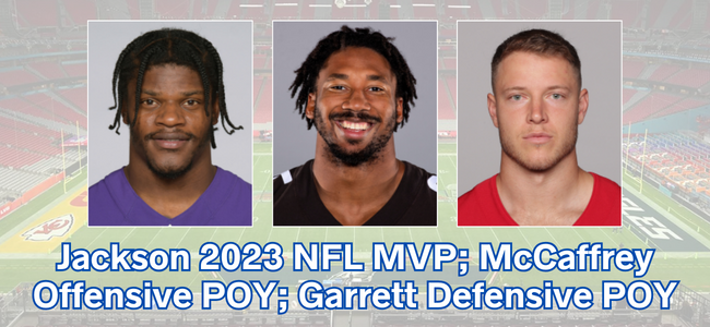 .@Lj_era8 (Lamar Jackson) is the PFWA's 2023 NFL MVP; @CMC_22 (Christian McCaffrey) is the Offensive Player of the Year; @Flash_Garrett (Myles Garrett) is the Defensive Player of the Year: profootballwriters.org/2024/01/24/rav…