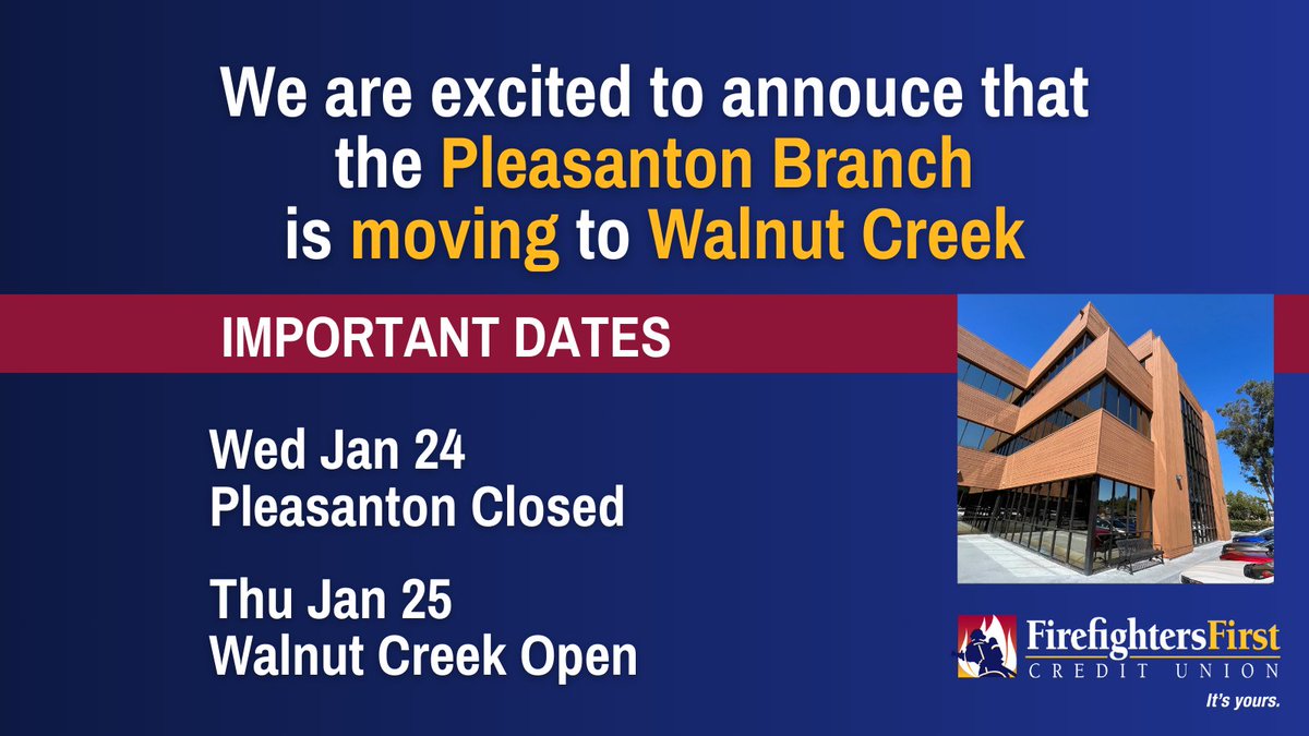 FireFirstCU's tweet image. Starting Jan 25th, the new branch address will be: 1600 S. Main Street, Suite 105, Walnut Creek, CA 94596
#FireFamily #FirefightersFirst #ItsYours #WeHaveYourBack #FirefightersFirstCU #CreditUnion #FFCU #Firefighter #Firefighters #FireDepartment #FFCUproud