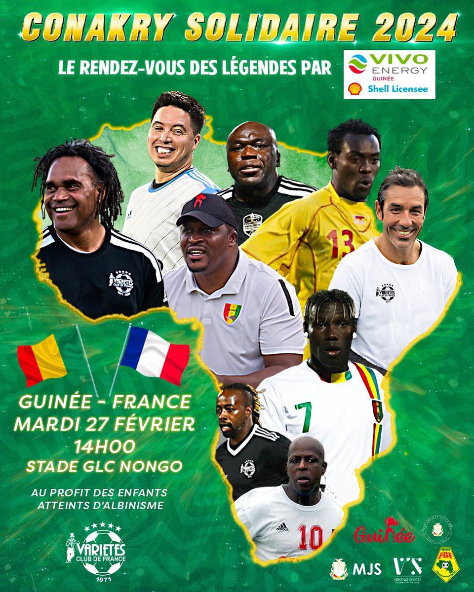 ✨ Le Rendez-vous des Légendes ! Le Variétés Club de France se déplace à Conakry le mois prochain pour y disputer un Match de Gala contre une sélection d’anciennes gloires Guinéennes au profit des enfants atteints d’albinisme. 🇫🇷 Le VCF sera emmené notamment par Robert…