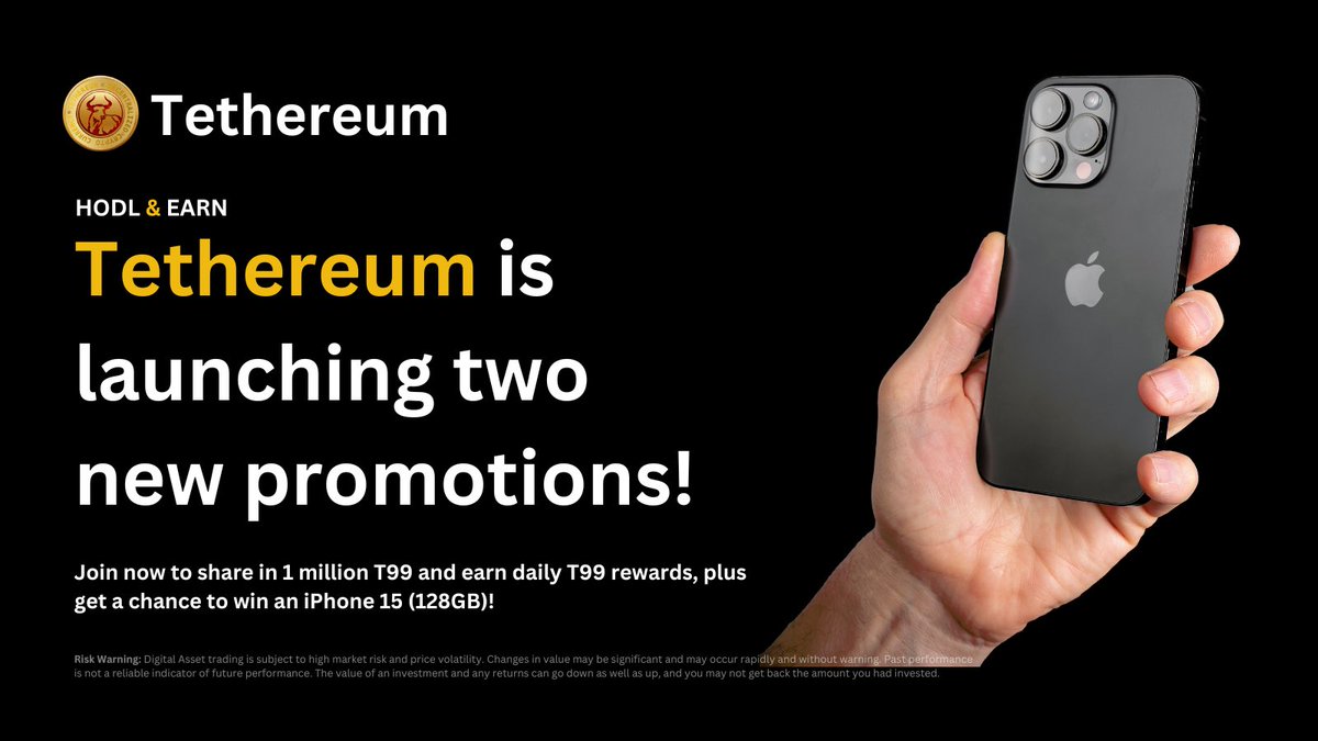 TethereumToken's tweet photo. 🚀 Dive into our latest offer! 
Join now to share in 1 million T99, earn daily rewards, and you might just snag an iPhone 15 (128GB)! 
Don't miss out – your adventure with #T99 starts here! 

#Rewards #WinWithT99 #Giveaway 
#Tethereum #Crypto #WinIPhone https://t.co/6DwhQPkFHf