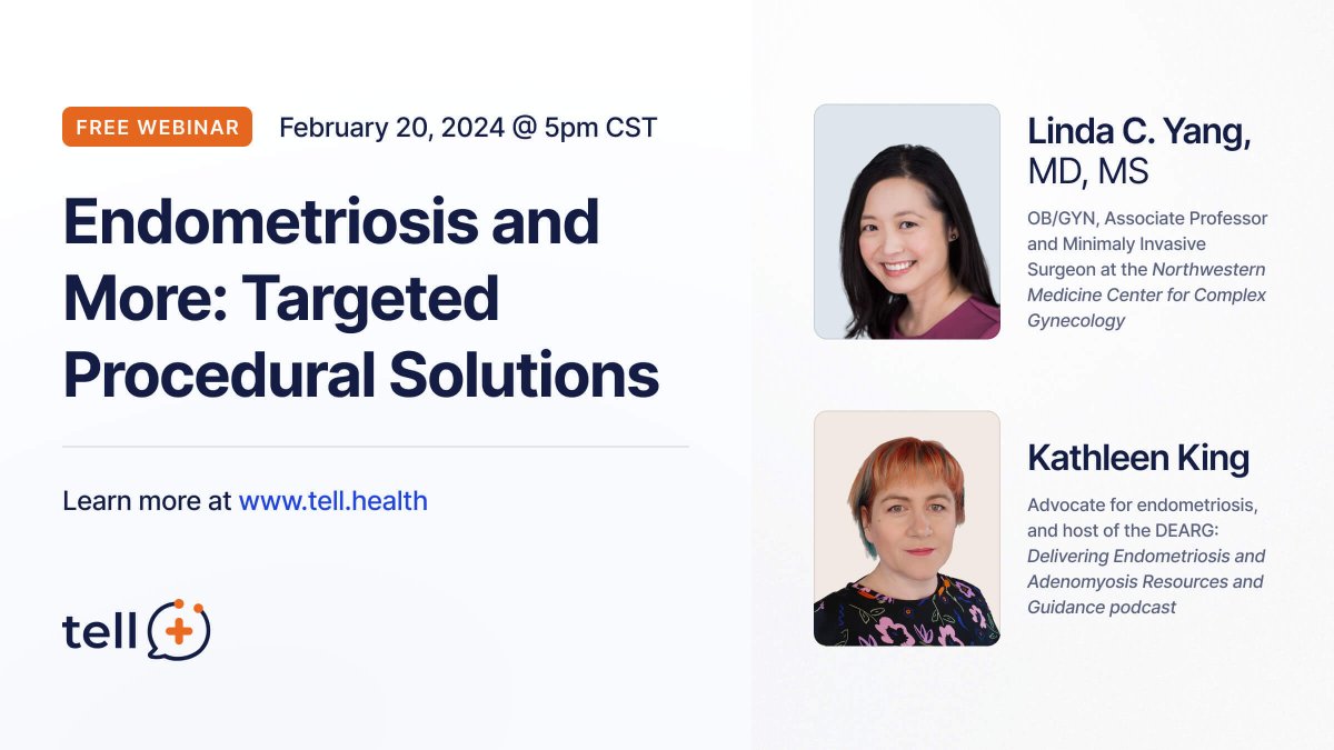 #Endometriosis is a common disease, but this painful condition can go undiagnosed and untreated for years. Join our free #webinar on Feb. 20 with @drlindayang and @Kathleen_M_King to learn about solutions to managing this condition. Register here: tell.health/endo-webinar