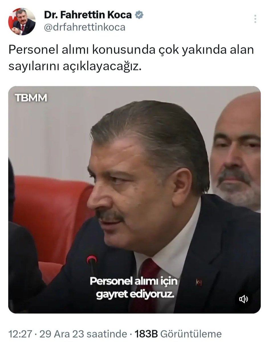 Sn. <a href="/drfahrettinkoca/">Dr. Fahrettin Koca</a>, 29 Aralık 2023 tarihinden bu yana 26 gün geçmesine rağmen "ÇOK YAKINDA" alan sayılarını AÇIKLAYAMADINIZ.

Atama bekleyen meslektaşlarımızın talebi; daha ne kadar bekleyeceğiz, #KOCAtamaNerde ? 

<a href="/RTErdogan/">Recep Tayyip Erdoğan</a> <a href="/memetsimsek/">Mehmet Simsek</a> <a href="/saglikbakanligi/">T.C. Sağlık Bakanlığı</a> <a href="/HMBakanligi/">T.C. Hazine ve Maliye Bakanlığı</a>